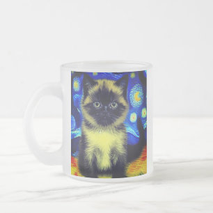 Caneca De Café Vidro Jateado Van Gogh Starry Night Siamese Cat