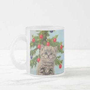 Caneca De Café Vidro Jateado Vintage Cat e Árvore de Natal