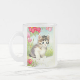 Caneca De Café Vidro Jateado Vintage White e Brown Kitten com Flores