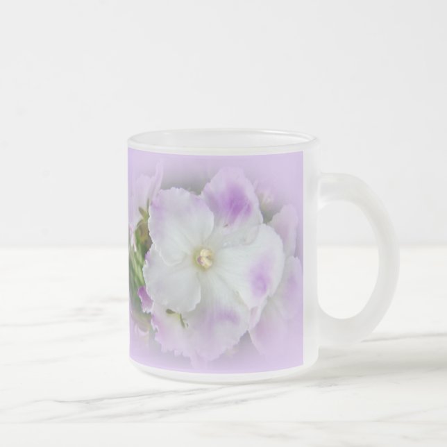 Caneca De Café Vidro Jateado Violetas africanas roxas e Ricos brancos (Direita)