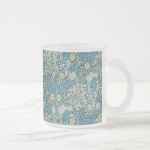 Caneca De Café Vidro Jateado William Morris, padrão art nouveau, algas, azul,f