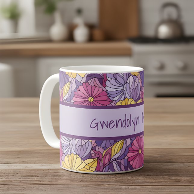 Caneca De Café Vidro Manchado Abstrato Roxo Amarelo Rosa (Criador carregado)
