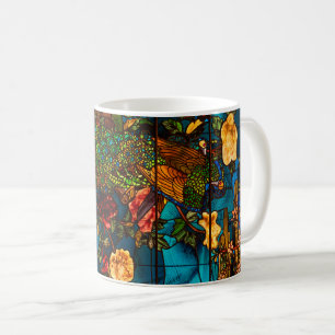 Caneca De Café Vidro Manchado Antigo com Pavões e Flores