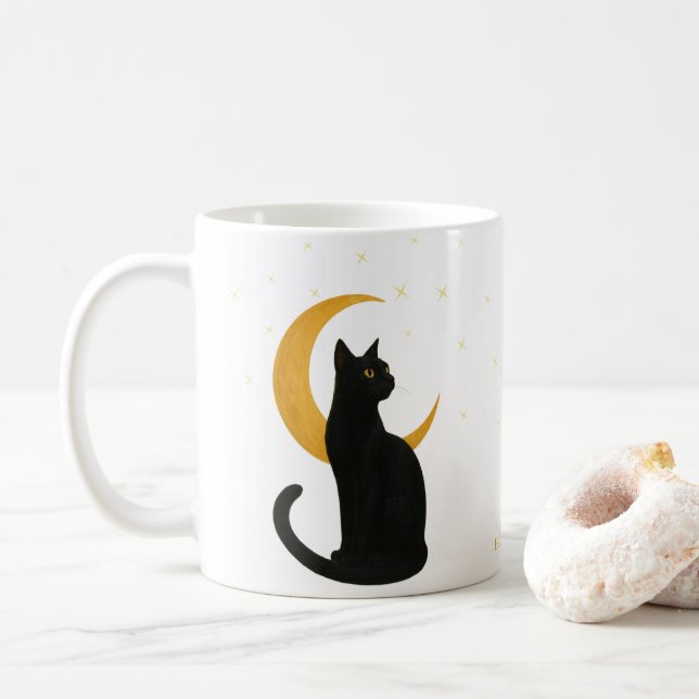 Caneca De Café Vigia da Noite - Cartão de Gato Preto do Halloween (Com Donut)