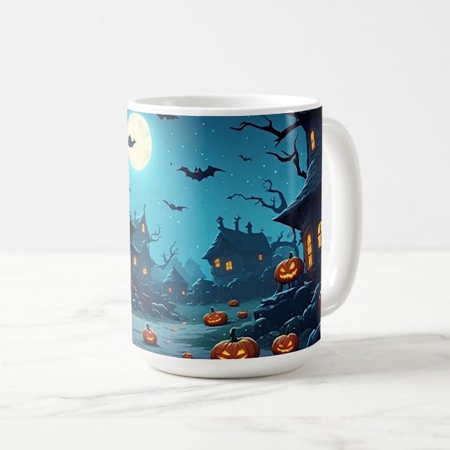 Caneca De Café Vila Assombrada ao Luar com Abóboras 🎃 (Frente Esquerda)