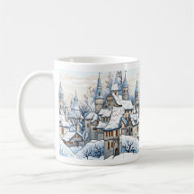 Village Winter Snowy Roof tops Blue Mug