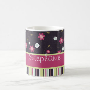 Caneca De Café Vinha Floral e Listras de Café Personalizadas