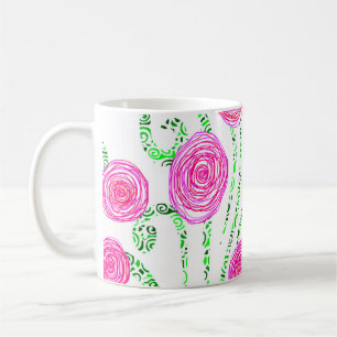 Caneca De Café Vinhas-Flor Rosa e Verde