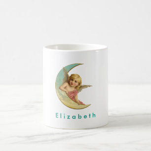 Caneca De Café Vintage Angel em uma lua crescente personalizada