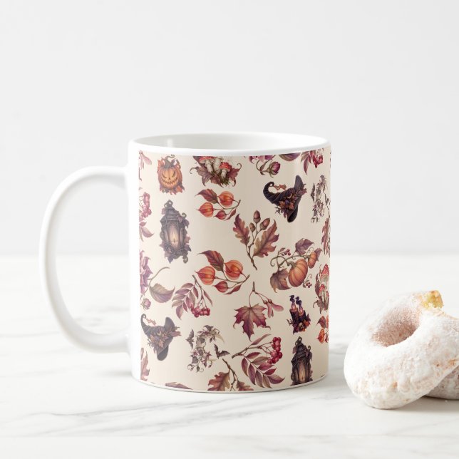 Caneca De Café Vintage Autumn Halloween Botanical Pattern (Com Donut)