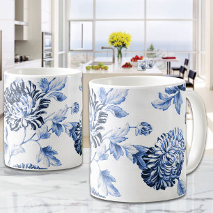 Caneca De Café Vintage azul & branco Toile floral No.2