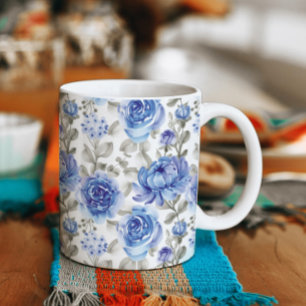 Caneca De Café Vintage Blue Flower pattern watercolor