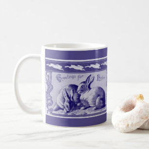Caneca De Café Vintage Blue White Rabbit Páscoa Saudação Bunny
