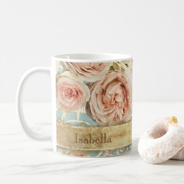 Caneca De Café Vintage Blush Pink Heirloom Rosas Floral Damask (Com Donut)