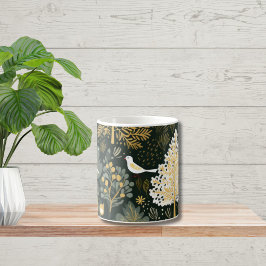 Caneca De Café Vintage Boho Branco Verde Dourado Pássaros Árvores
