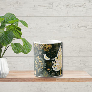 Caneca De Café Vintage Boho Branco Verde Dourado Pássaros Árvores