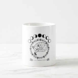 Caneca De Café Vintage Celestial Adormecida Gato com Fases da Lua