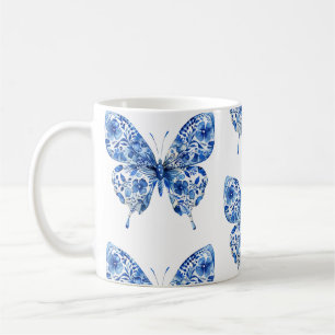 Caneca De Café Vintage Chinoiserie Blue Borboletas Brancas Flores