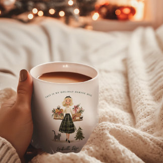 Caneca De Café Vintage Christmas Baking Lady with Cat Monogram