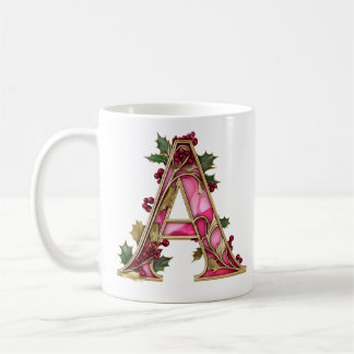 Caneca De Café Vintage Christmas Pink Gold Holly Monogram A