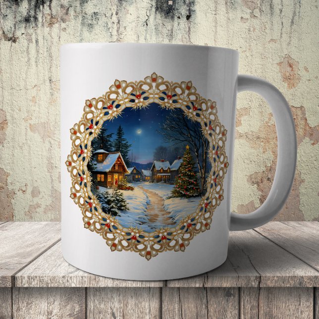 Caneca De Café Vintage Christmas Village Doily (Criador carregado)