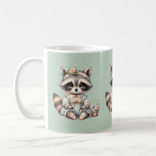 Caneca De Café Vintage Cottagecore Raccoon Pastel