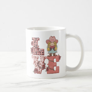 Caneca De Café Vintage Country-Style "Love" com uma Cowgirl loira