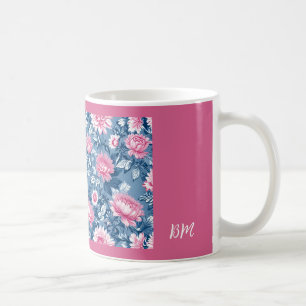 Caneca De Café vintage elegante cor-de-rosa e azul Floral