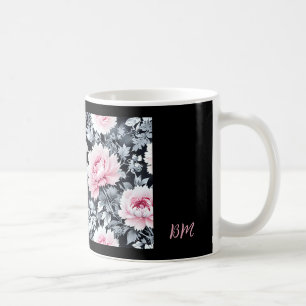 Caneca De Café vintage elegante preto e rosa Floral