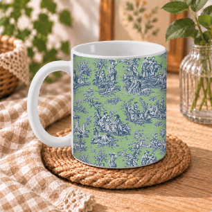 Caneca De Café Vintage Elegante Toile de Jouy Azul Verde