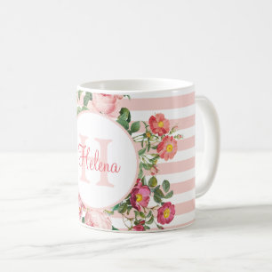 Caneca De Café Vintage Flores Rosa Stripes Monograma
