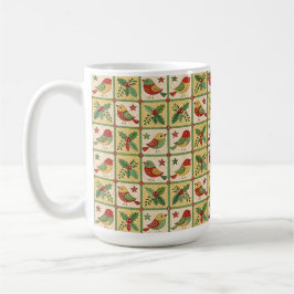 Caneca De Café Vintage Folk Art Christmas Birds & Holly Berry