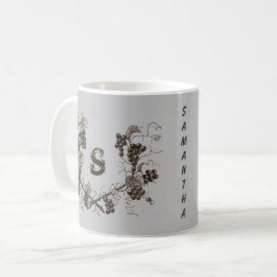 Caneca De Café Vintage Grapevine Etching Black and White Monogram