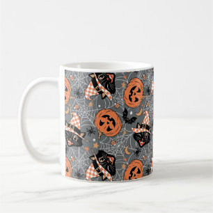 Caneca De Café Vintage Halloween Cats e Pumpkins Patterno