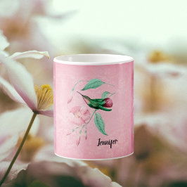 Caneca De Café Vintage Pink e Mint Hummingbird Damask Look