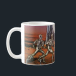 Caneca De Café Vintage Science Fiction, Astronautas Beetle Aliens<br><div class="desc">Imagem de vintage: viagem de ficção científica futurista e imagem de foguete de transporte. Astronautas correndo até seu foguete escapando de aliens em forma de besouro em um planeta estrangeiro tentando voltar para a terra. Um clássico design de ficção científica de quadrinhos retrógrados do 50 do futuro.</div>