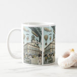 Caneca De Café Vintage Science Fiction, Victorian Steam Punk City<br><div class="desc">Imagem de viagem de ilustração venenosa e de transporte de ficção científica futurista apresentando pessoas viajando por dirigíveis,  balões de ar quente,  um trem invertido e um antigo automóvel convertível em uma metrópole vitoriana,  punk a vapor,  retrógrada à metrópole urbana.</div>