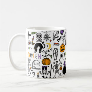 Caneca De Café Vintage set de Halloween. Coleta de ícones bonito