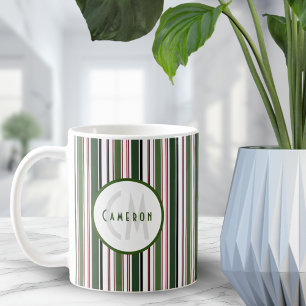 Caneca De Café Vintage strips Monograma branco verde moderno 