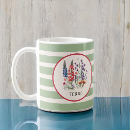Caneca De Café Vintage Wildflower em Boho Sage Green Stripes