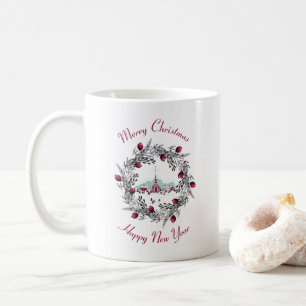 Caneca De Café Vintage Winter Church Scende com a coroa de Natal