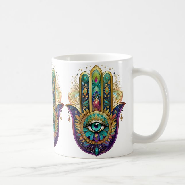 Caneca De Café Violet Green Gold Petals Hamsa Turquoise Third Eye (Direita)