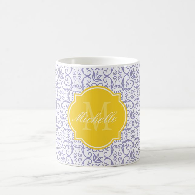 Caneca De Café Violet Tulip Damask Monograma Mug (Centro)