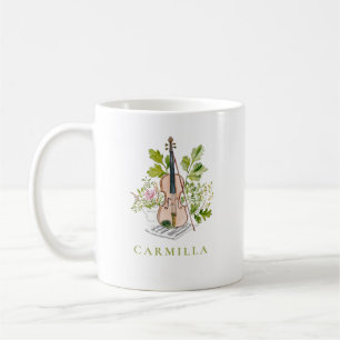 Caneca De Café Violino Floral e Folhagem Nome Personalizado