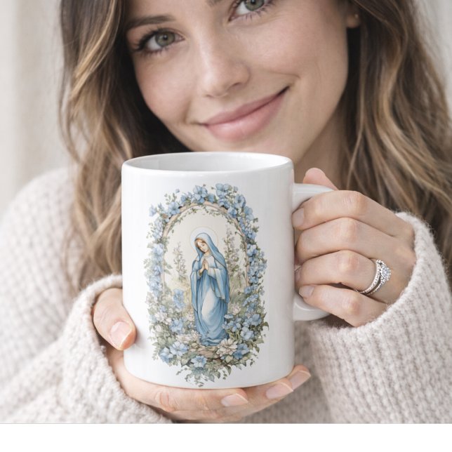 Caneca De Café Virgem Católica Mary Prayer Blues Floral (Criador carregado)