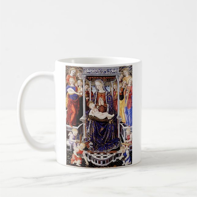 Caneca De Café Virgem e Menino Entronizados com Anjo que Faz Músi (Esquerda)