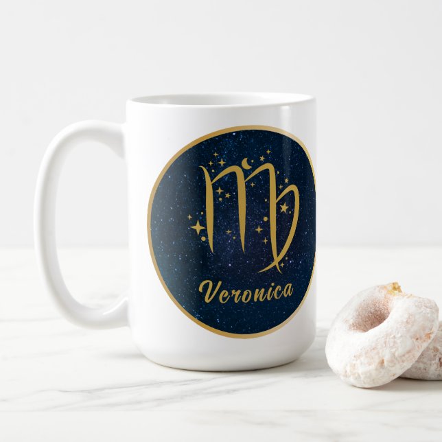 Caneca De Café Virgo símbolo Maiden zodiac dourado personalizado (Com Donut)