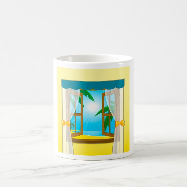 Caneca De Café Vista da Praia Ensolarada Através da Janela Aberta (Criador carregado)