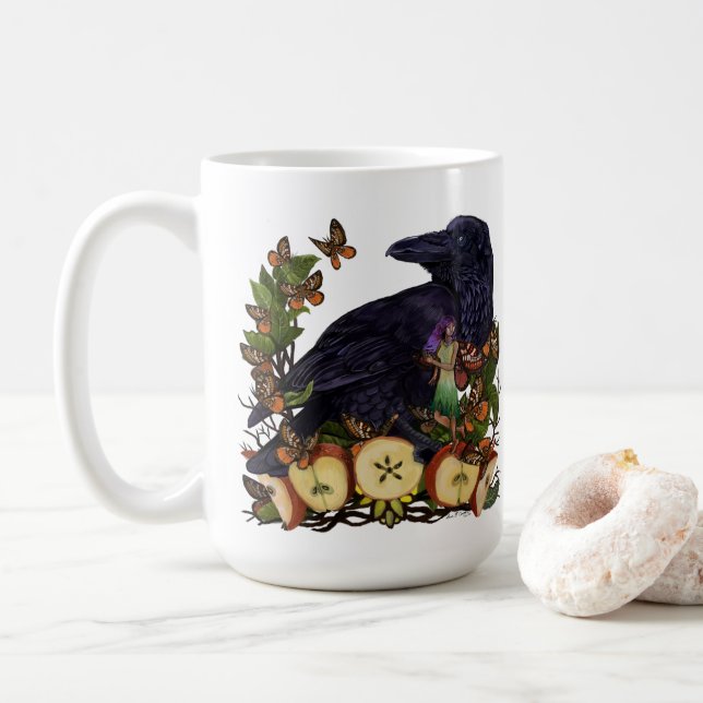 Caneca De Café Voos de Fantasy Raven Faery Art (Com Donut)