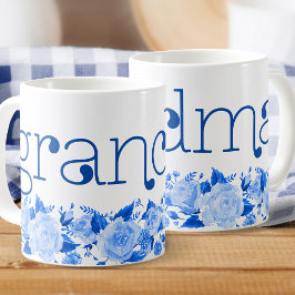 Caneca De Café Vovó China Blue Watercolor Rosa Floral